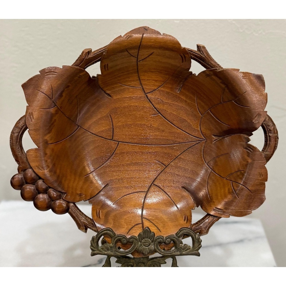 Vintage Hand Carved Wood Grape Leaf Bowl